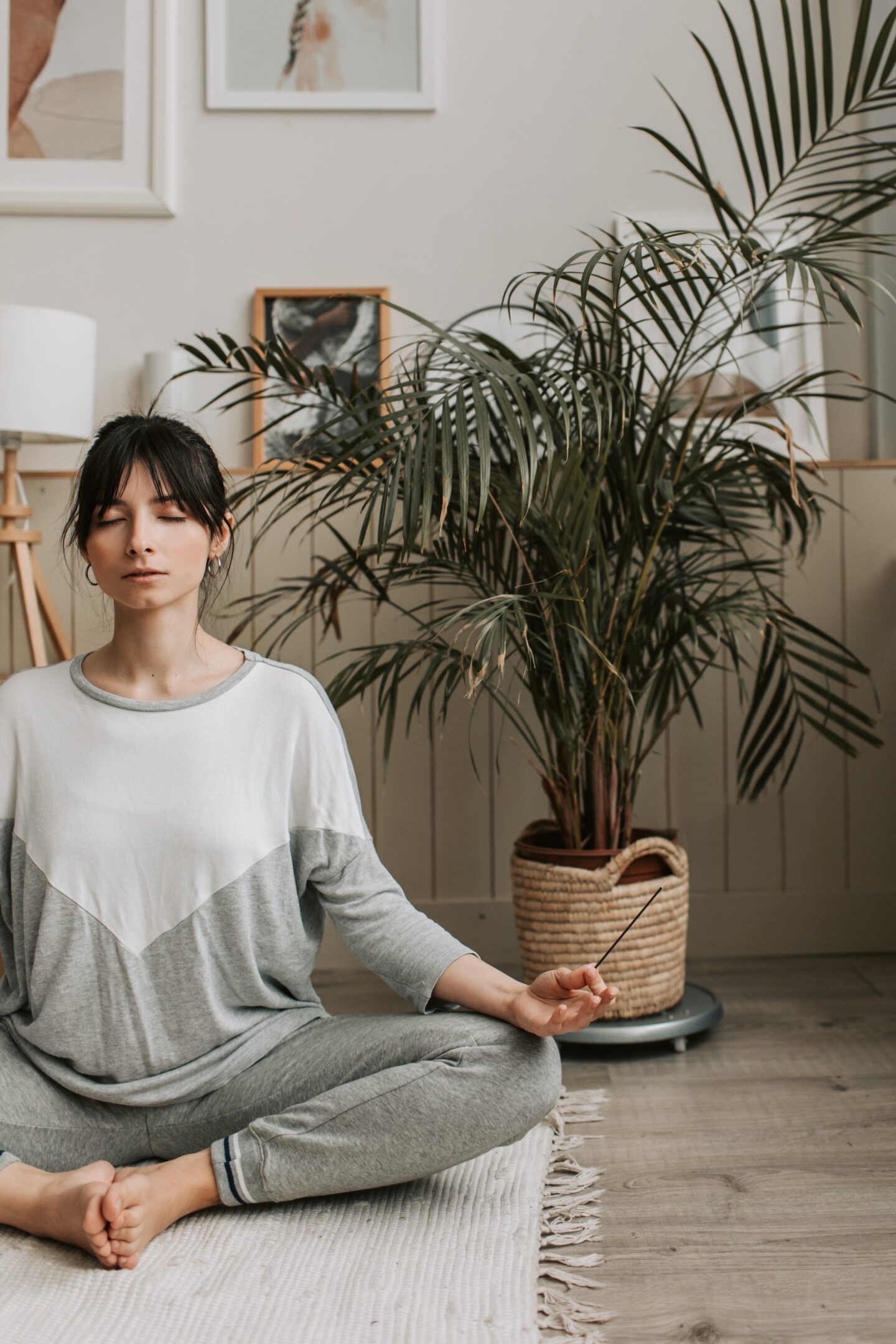 woman doing meditation with incense stick and house plants. 30 day challenge ideas. 30 days challenge ideas. 30 days challenge. challenges 30 days. month challenges. monthly challenges. monthly challenge. 30 daily challenges. month challenges.