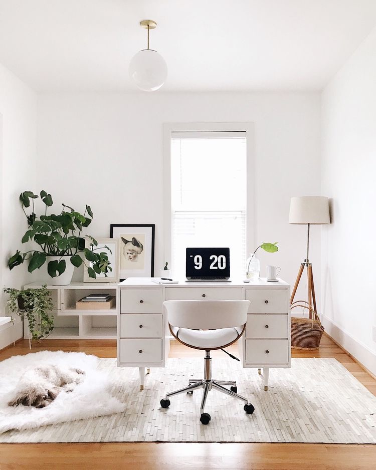clean minimalist home office decor ideas with fluffy carpet