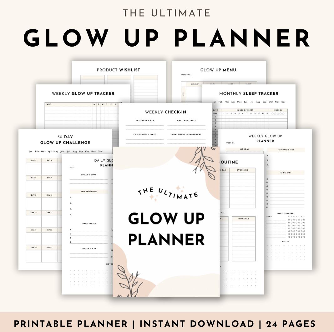 Ultimate glow up planner. instant glow up journal. How to have a glow up. how to glow up in a month, how to glow up in 6 months, how to glow up overnight, how to glow up in a week. how to glow up for summer. glowing up