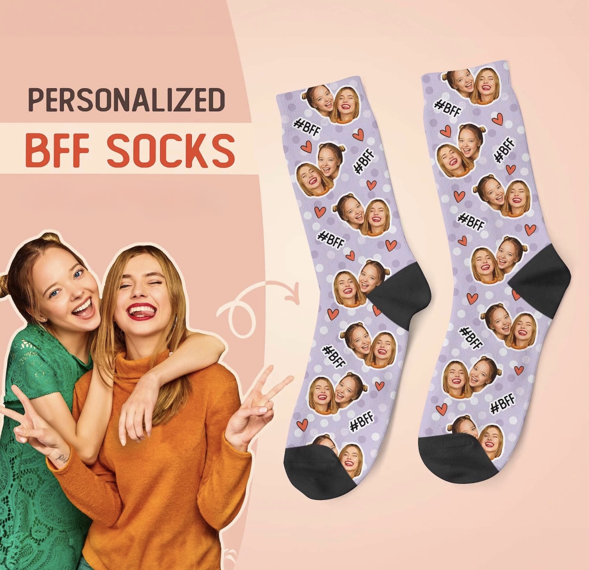 customized bff socks, personalized face socks on etsy. Best friend gifts. Gift ideas for best friend. BFF gift ideas. Bestie gift ideas. Gift Ideas for a special friend. Gift ideas for sister. Gift ideas for female best friends. Presents for best friend. Unique best friend gifts. Meaningful gift ideas. Thoughtful presents