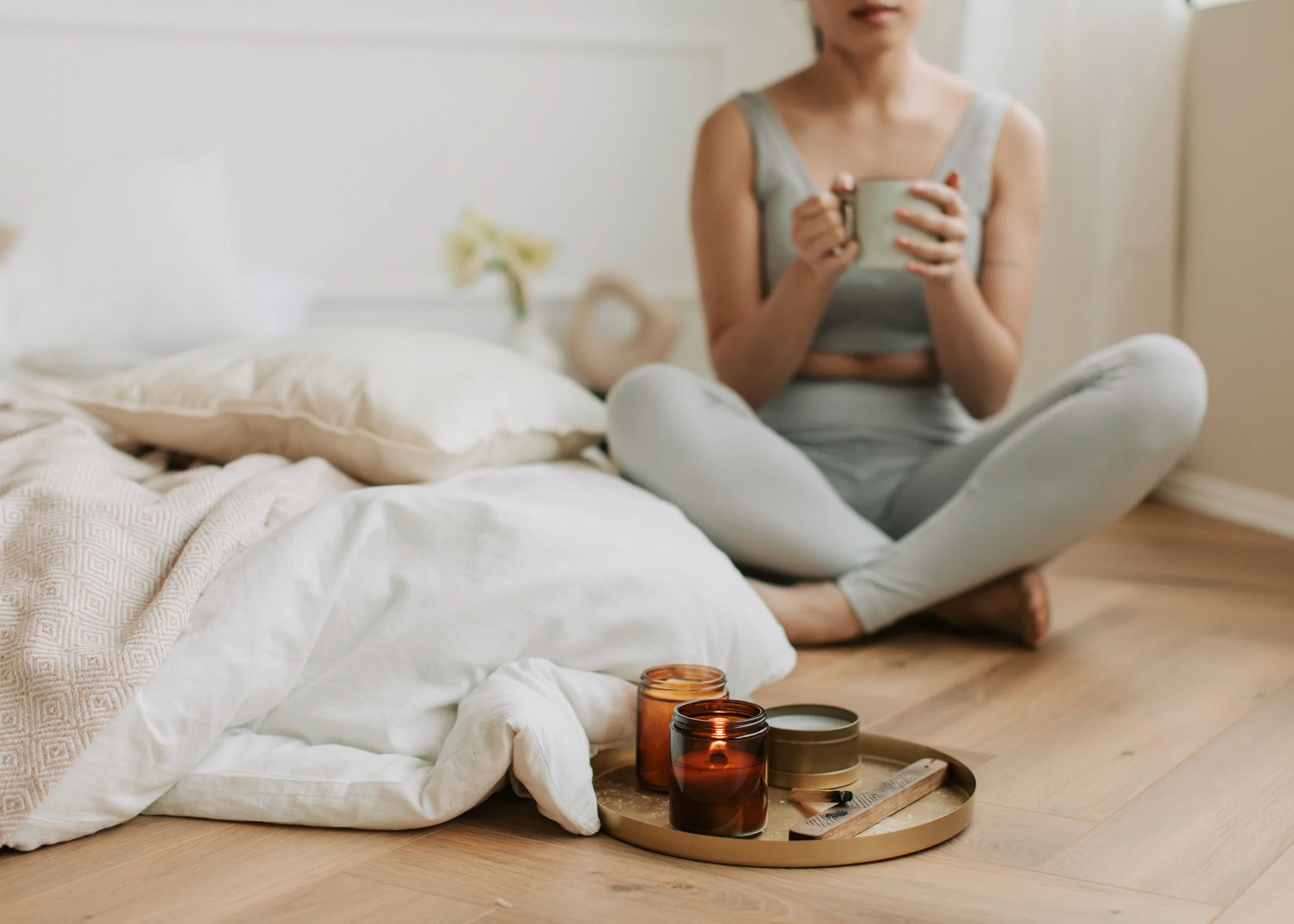 woman in a cozy room. relax after a long, hard, stressful day at work or at home. Ways to unwind and decompress after a busy day and relieve stress.