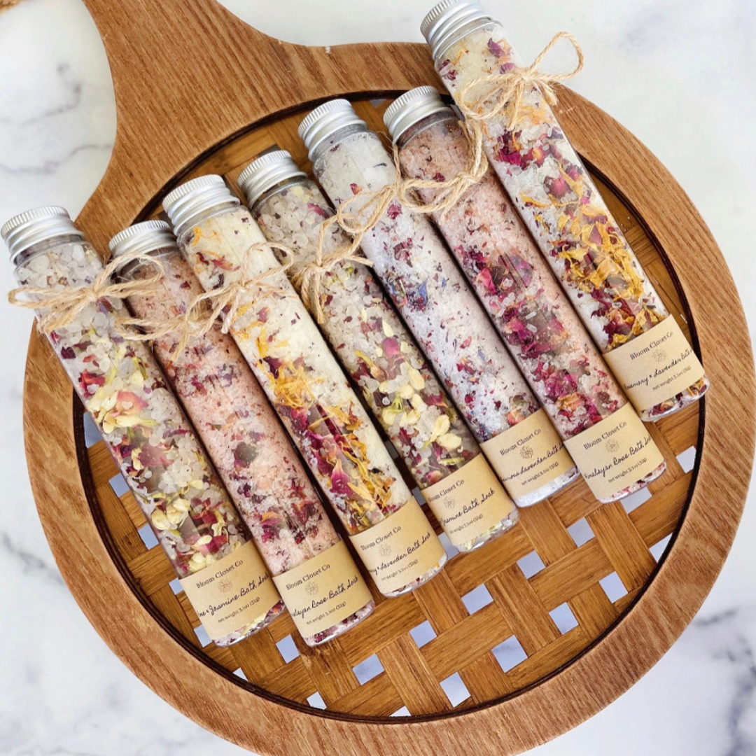 Bloom closet co bath salts on etsy. How to make a DIY self cake kit. self care kit ideas. self care box gift box ideas. what to put in a self care bok. self care package, basket, hamper kit for women.