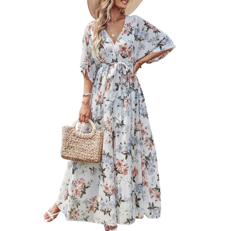 modest summer beach looks. modest summer outfits and style. How to be modest in summer on the beach. beautiful floral beach wedding summer maxi dress