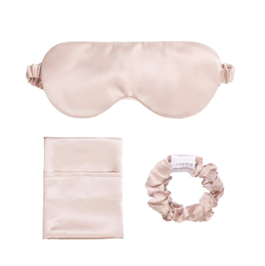 satin luxury silk sleep mask and hair scrunchie set. summer self-care essentials for health and wellness. summer essentials for wellness. best summer wellness items and products.