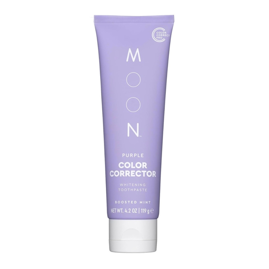 Moon oral care beauty purple teeth whitening color corrector toothpaste. summer self-care essentials for health and wellness. summer essentials for wellness. best summer wellness items and products.