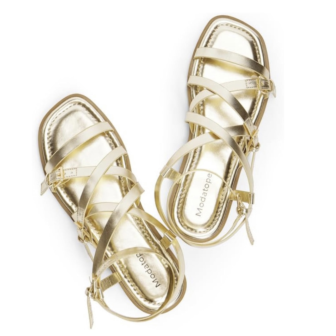 Mandalope wrap-around straps and buckles sandals​ in gold.