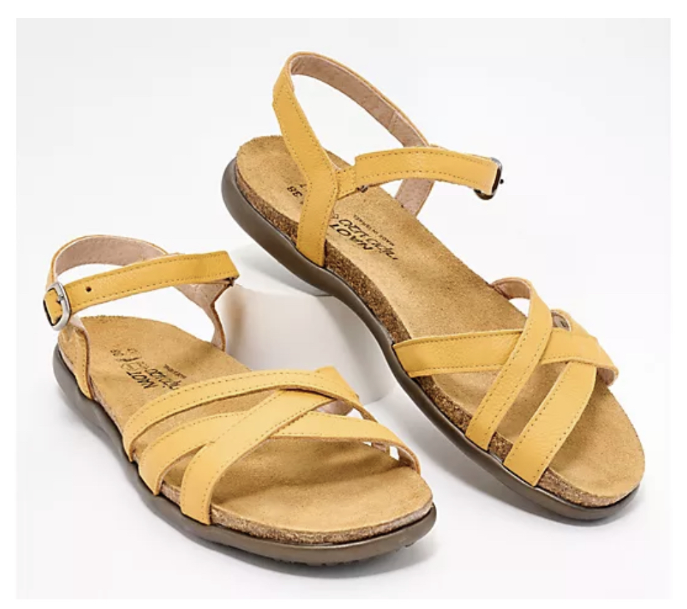 noat leather ankle strap in mustard. best ladies summer sandals. cute summer sandals. summer flats for any occasion. summer wedges. comfortable, comfy summer sandals. For beach. summer wedding flats