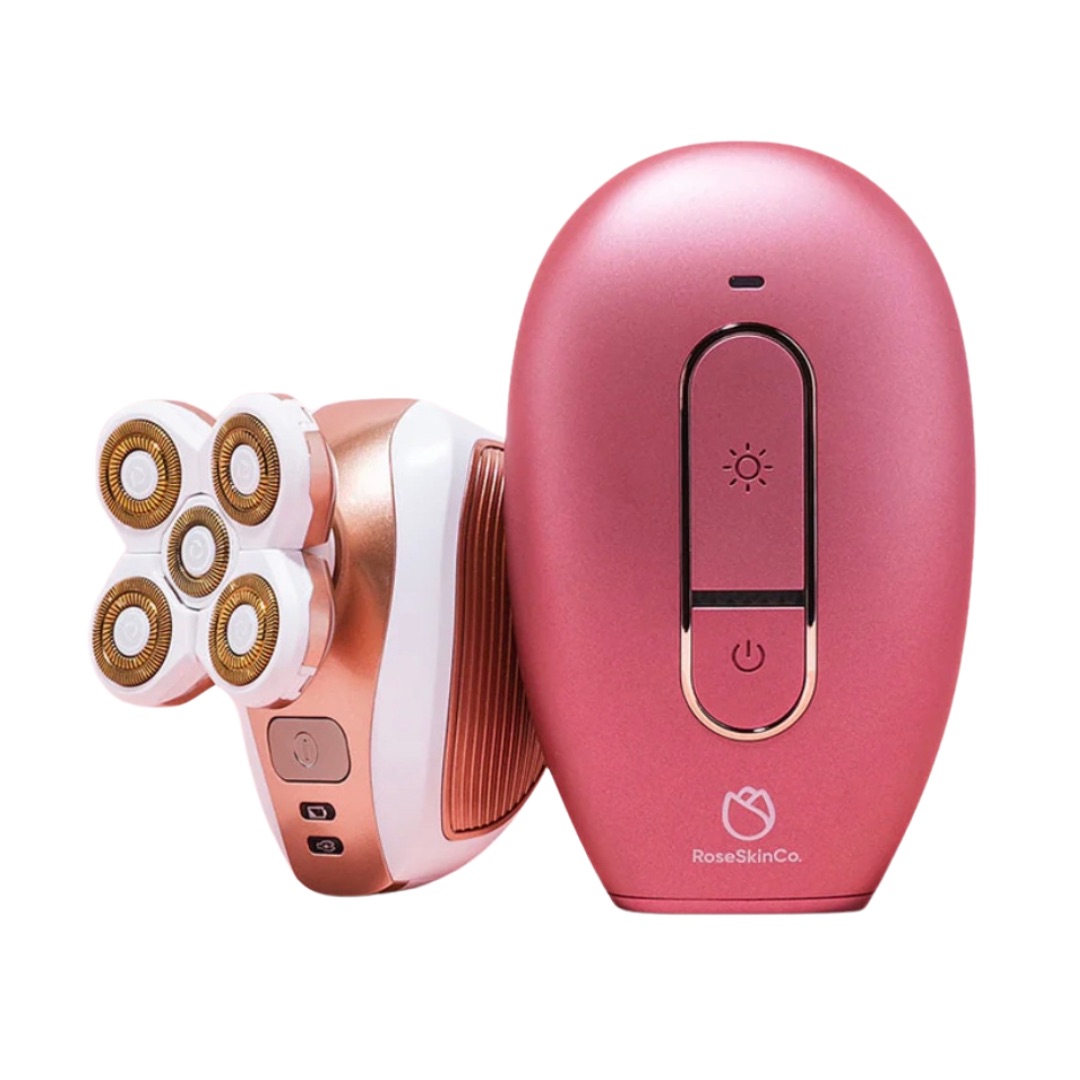 Roseskinco IPL permanent hair removal device machine and 4D shaver duo. summer self-care essentials for health and wellness. summer essentials for wellness. best summer wellness items and products.