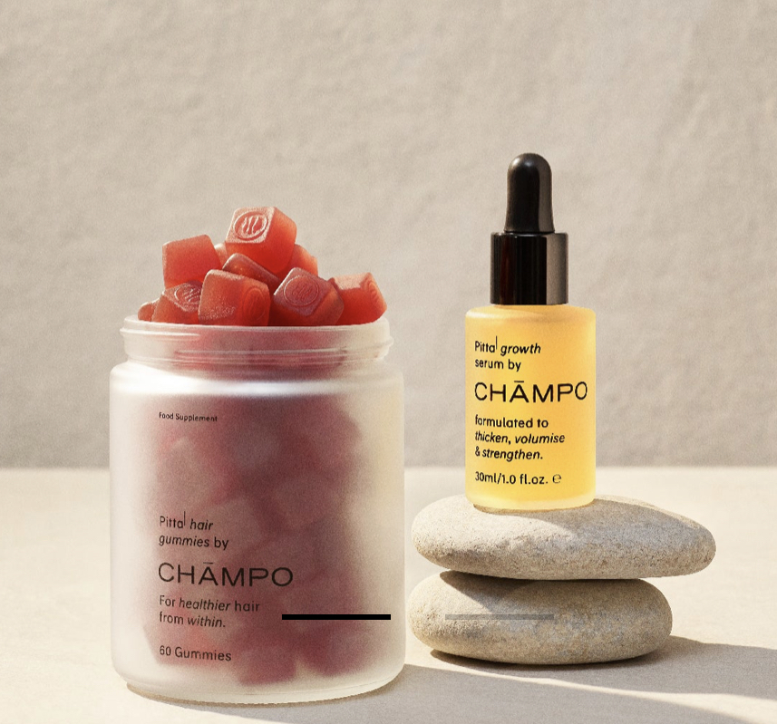 champo hair serum and hair gummies. summer self-care essentials for health and wellness. summer essentials for wellness. best summer wellness items and products.